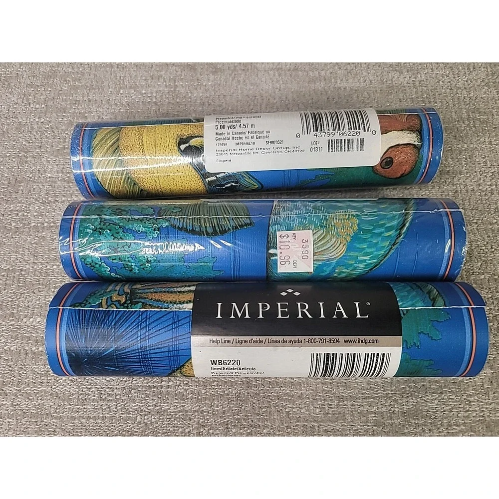 3 Vintage Imperial Wallpaper Border Fish Ocean Motif 15 YARDS Aquarium Blue‎ NEW